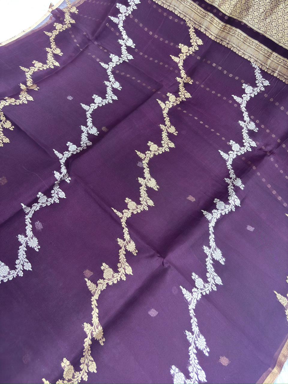 Deep Plum Designer Kadhua Half-n-Half Kora Silk Saree