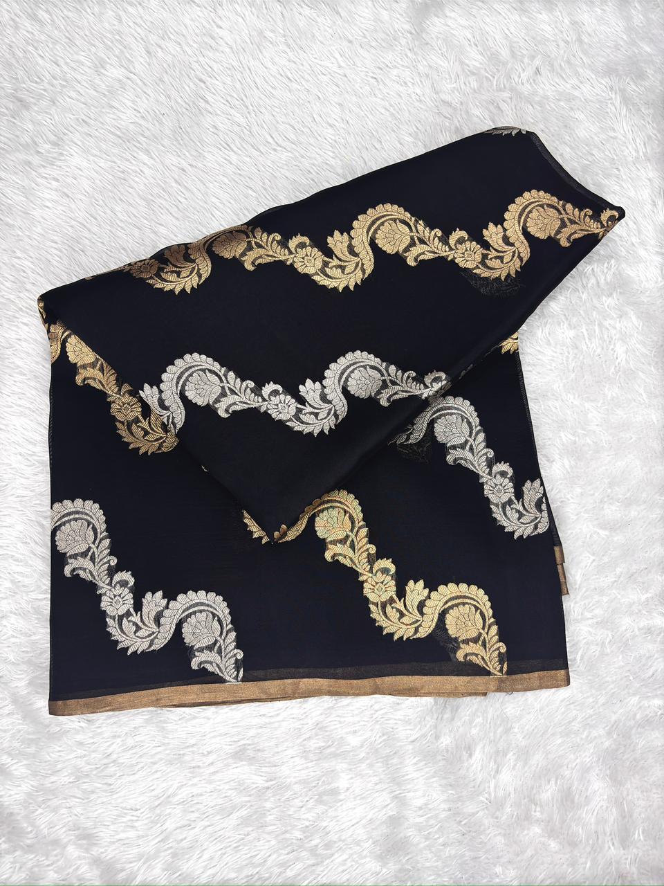 Black Kora Designer Kadhua Silk ( Half N Half) Saree with Bold Sona-Rupa Vines