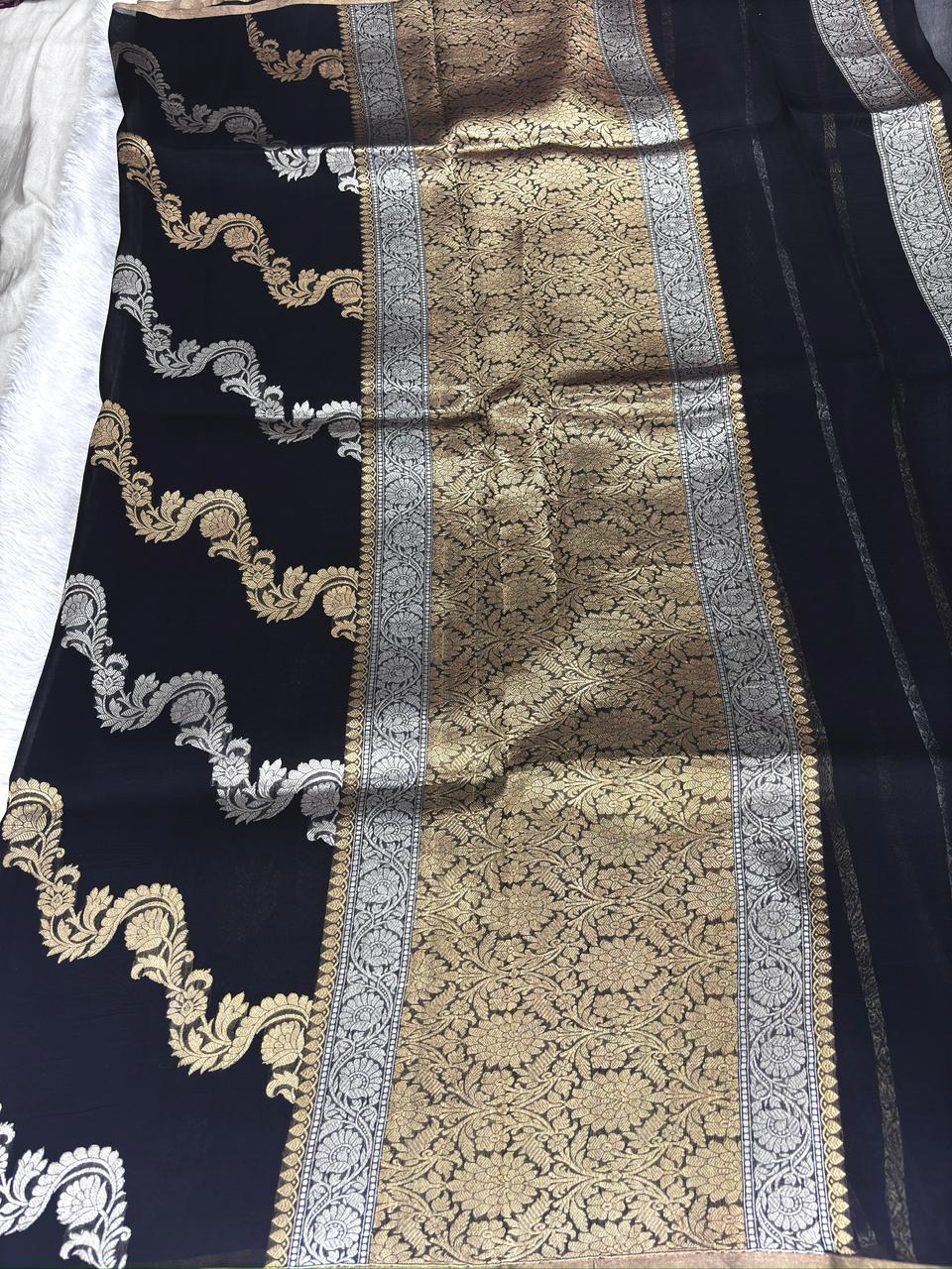 Black Kora Designer Kadhua Silk ( Half N Half) Saree with Bold Sona-Rupa Vines