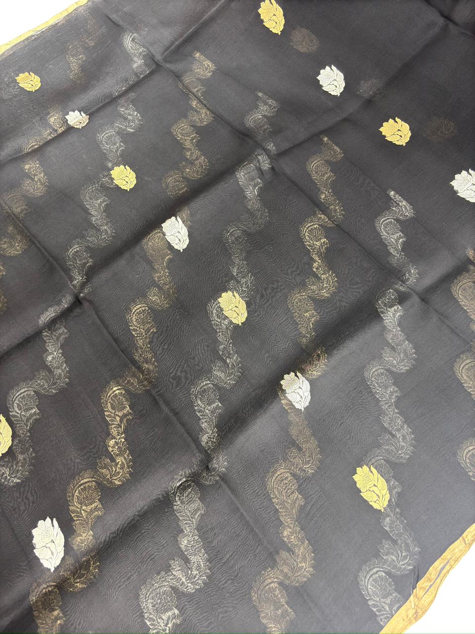 Black Kora Designer Kadhua Silk ( Half N Half) Saree with Bold Sona-Rupa Vines