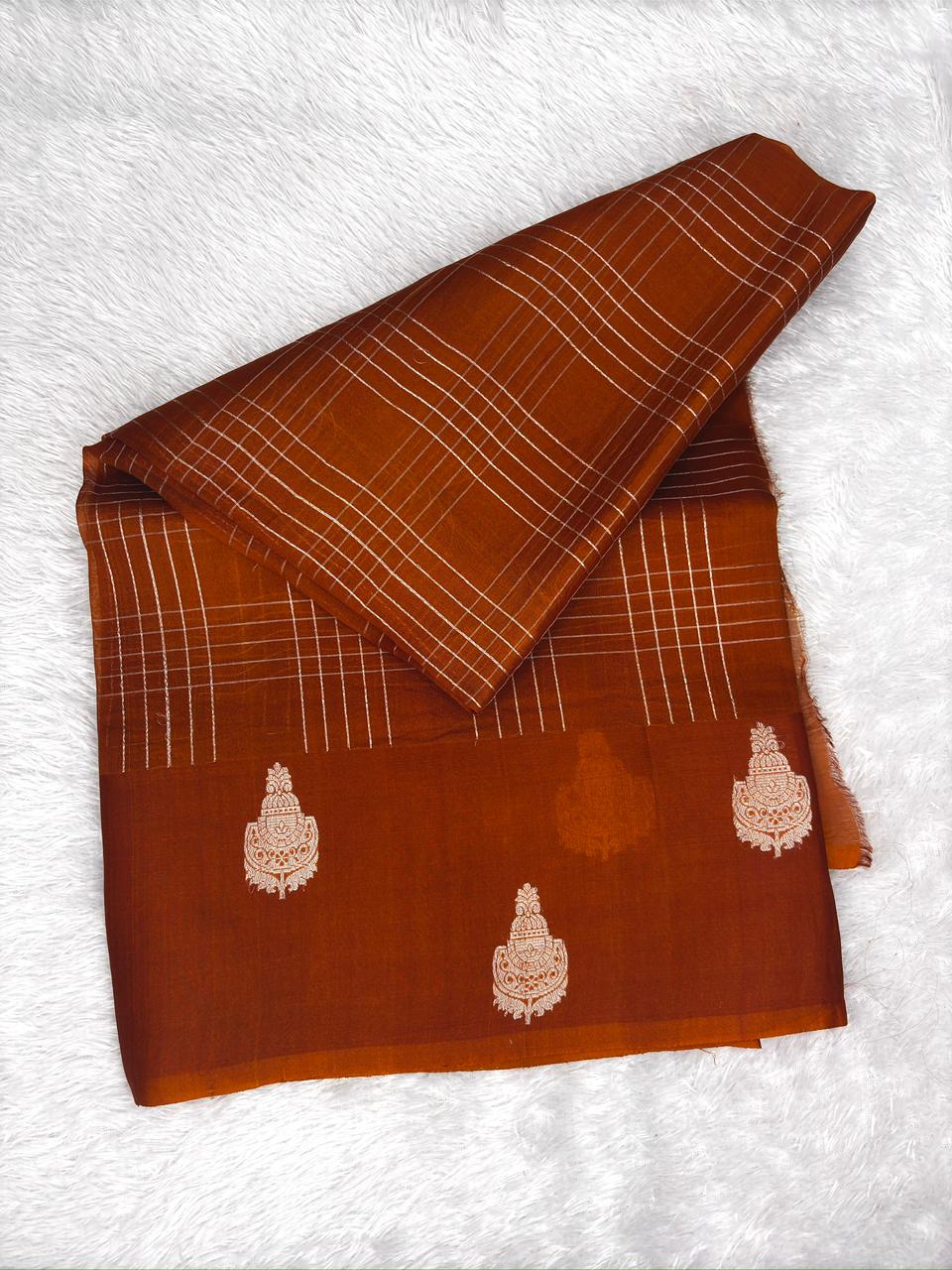 Burnt Orange Designer Kora Organza Saree with Zari Checkered Pattern