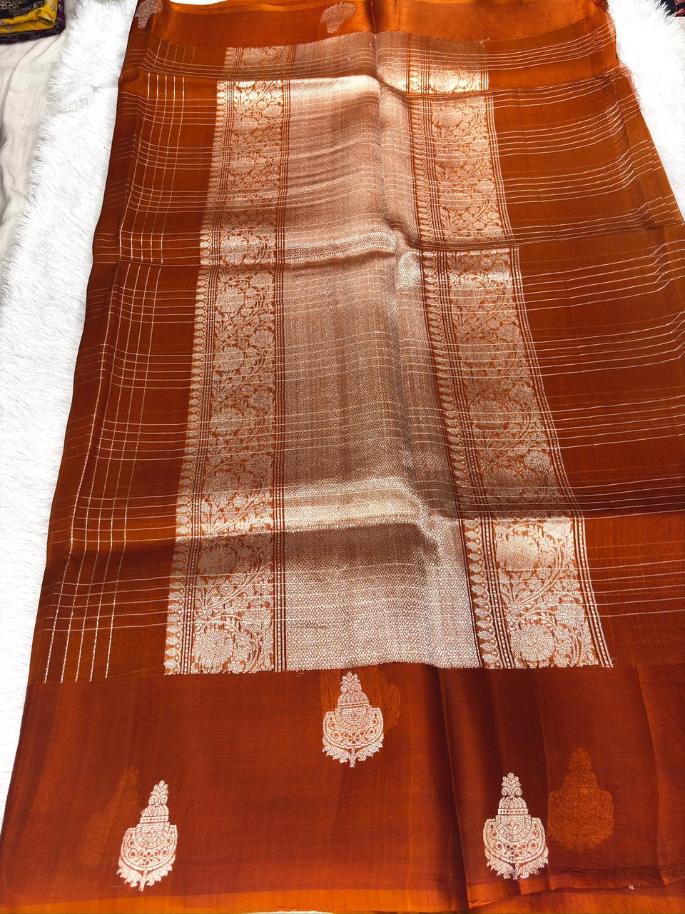 Burnt Orange Designer Kora Organza Saree with Zari Checkered Pattern