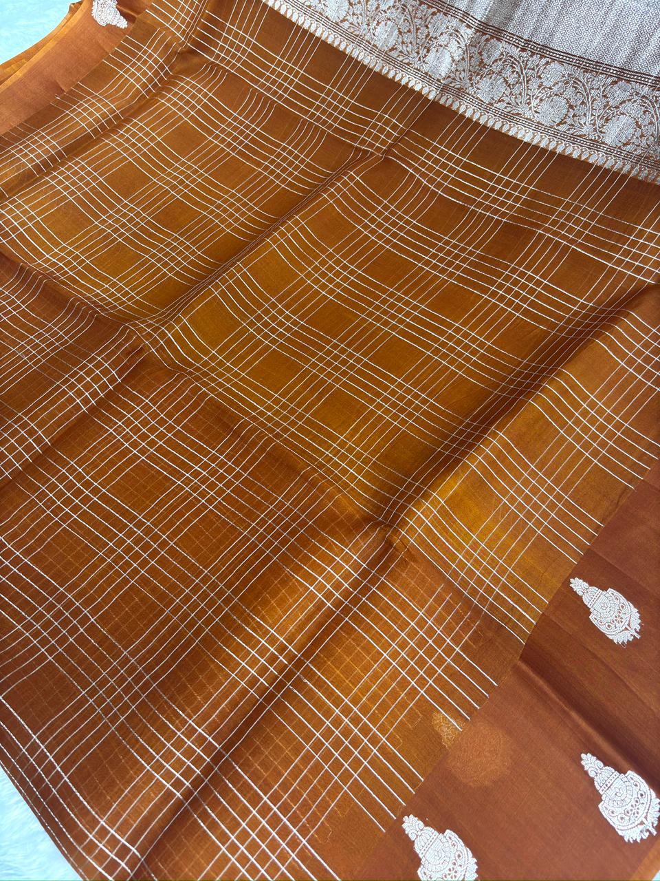 Burnt Orange Designer Kora Organza Saree with Zari Checkered Pattern