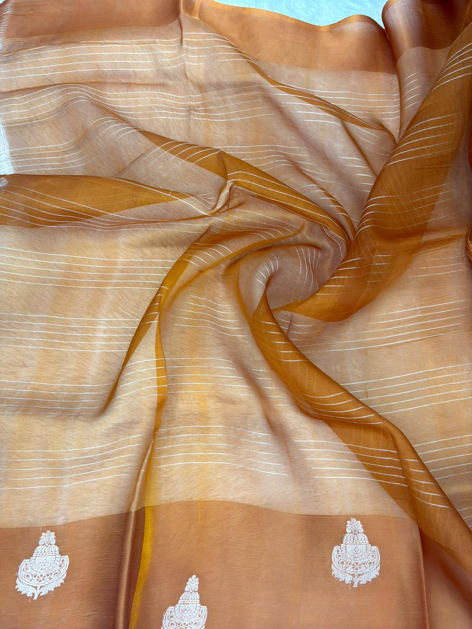 Burnt Orange Designer Kora Organza Saree with Zari Checkered Pattern