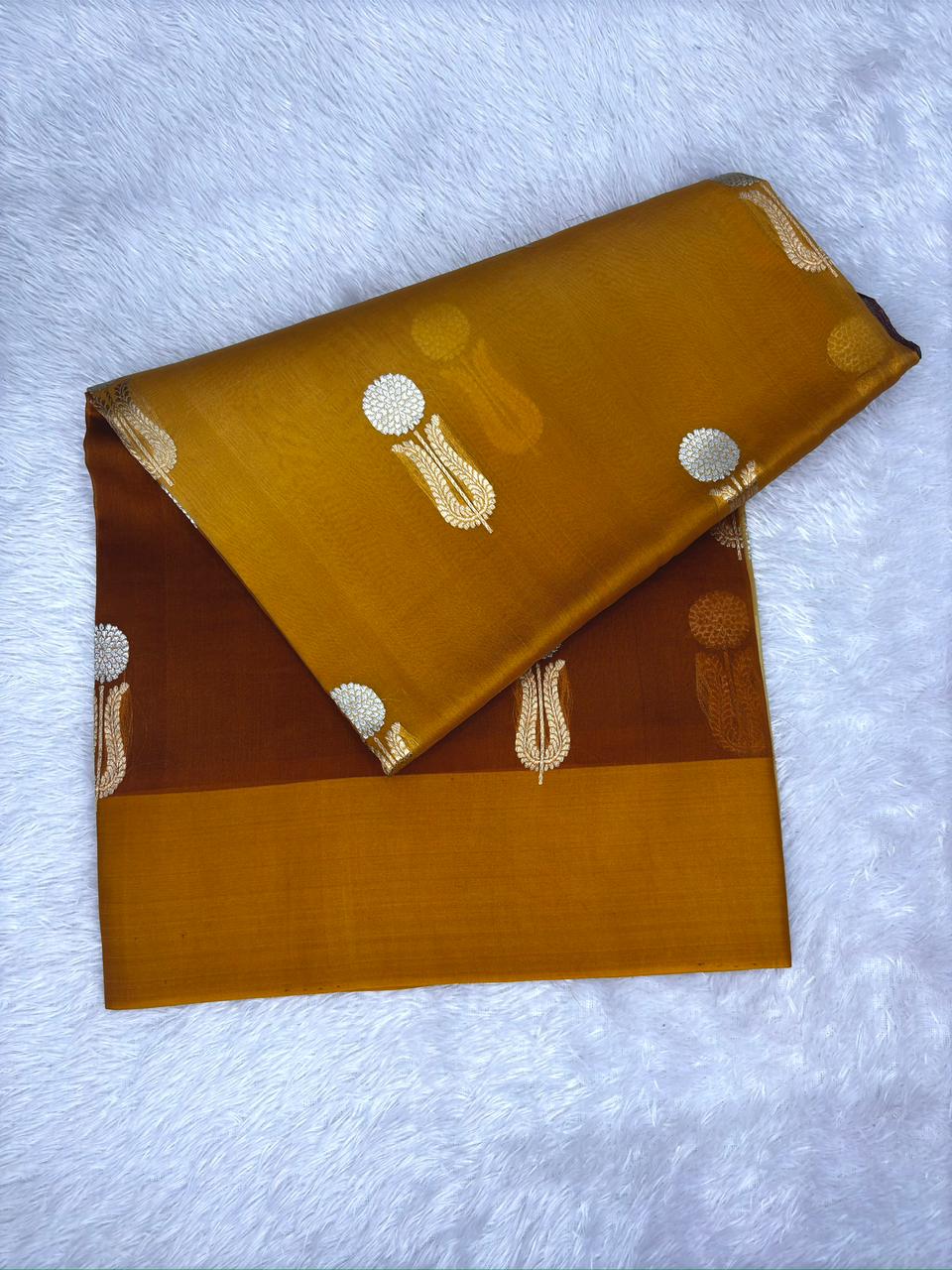 Kora Designer Kadhua Handwoven Kora Organza Saree in Mustard-Coffee Ombre