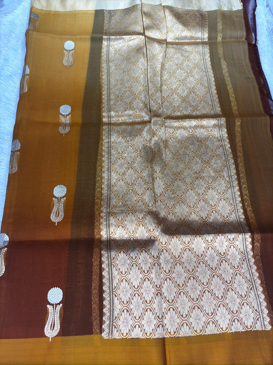 Kora Designer Kadhua Handwoven Kora Organza Saree in Mustard-Coffee Ombre