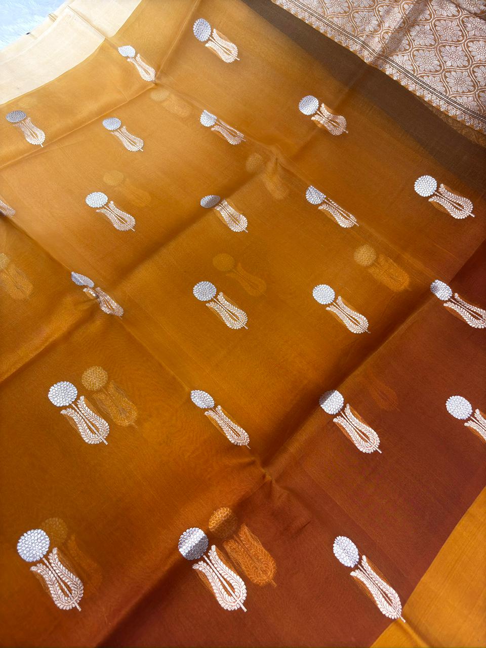 Kora Designer Kadhua Handwoven Kora Organza Saree in Mustard-Coffee Ombre