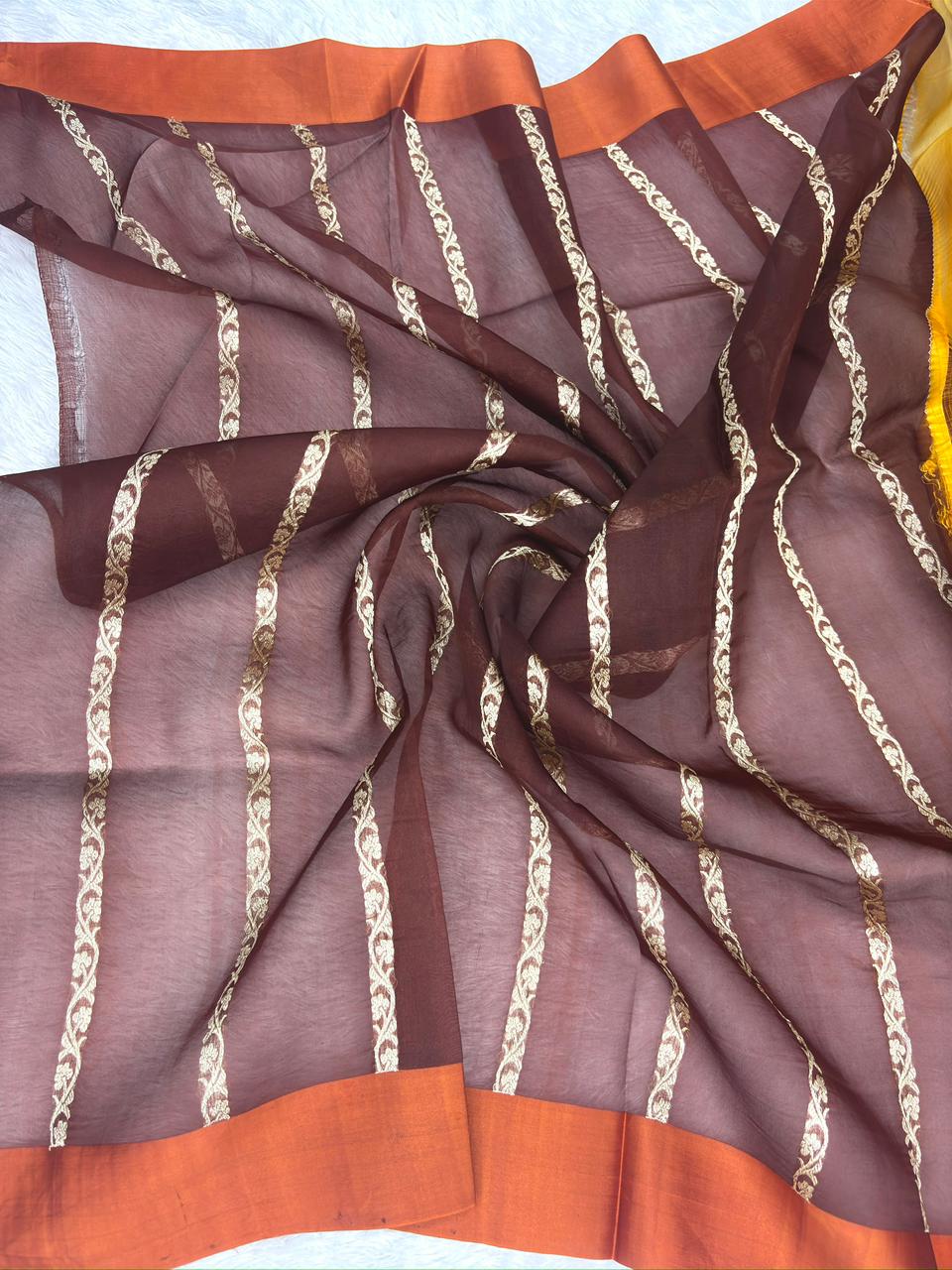 Kora Designer Kadhua Handwoven Kora Organza Saree in Mustard-Coffee Ombre