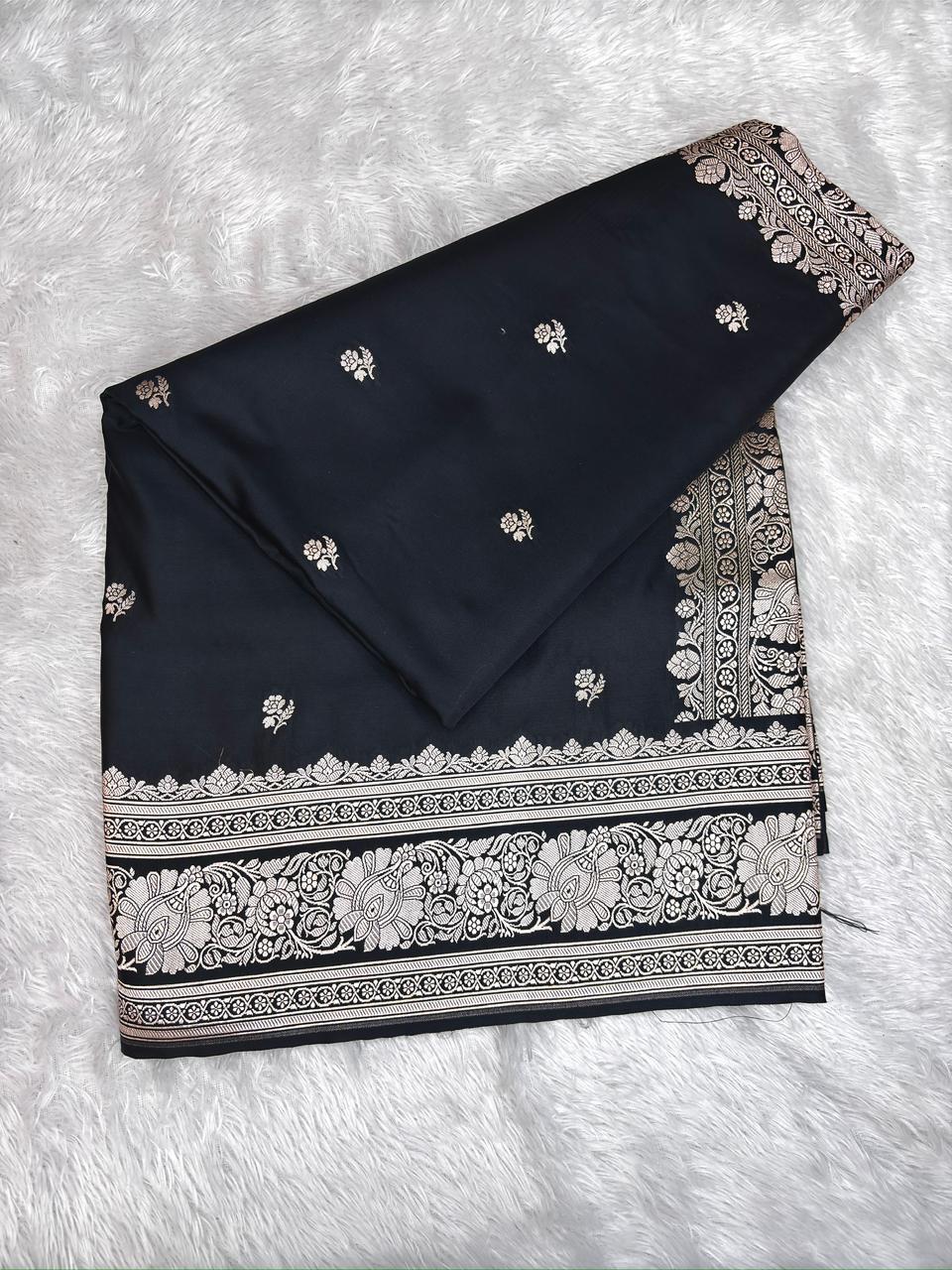Noor Black Mashru Katan Silk Powerloom Saree with Antique Zari Pallu