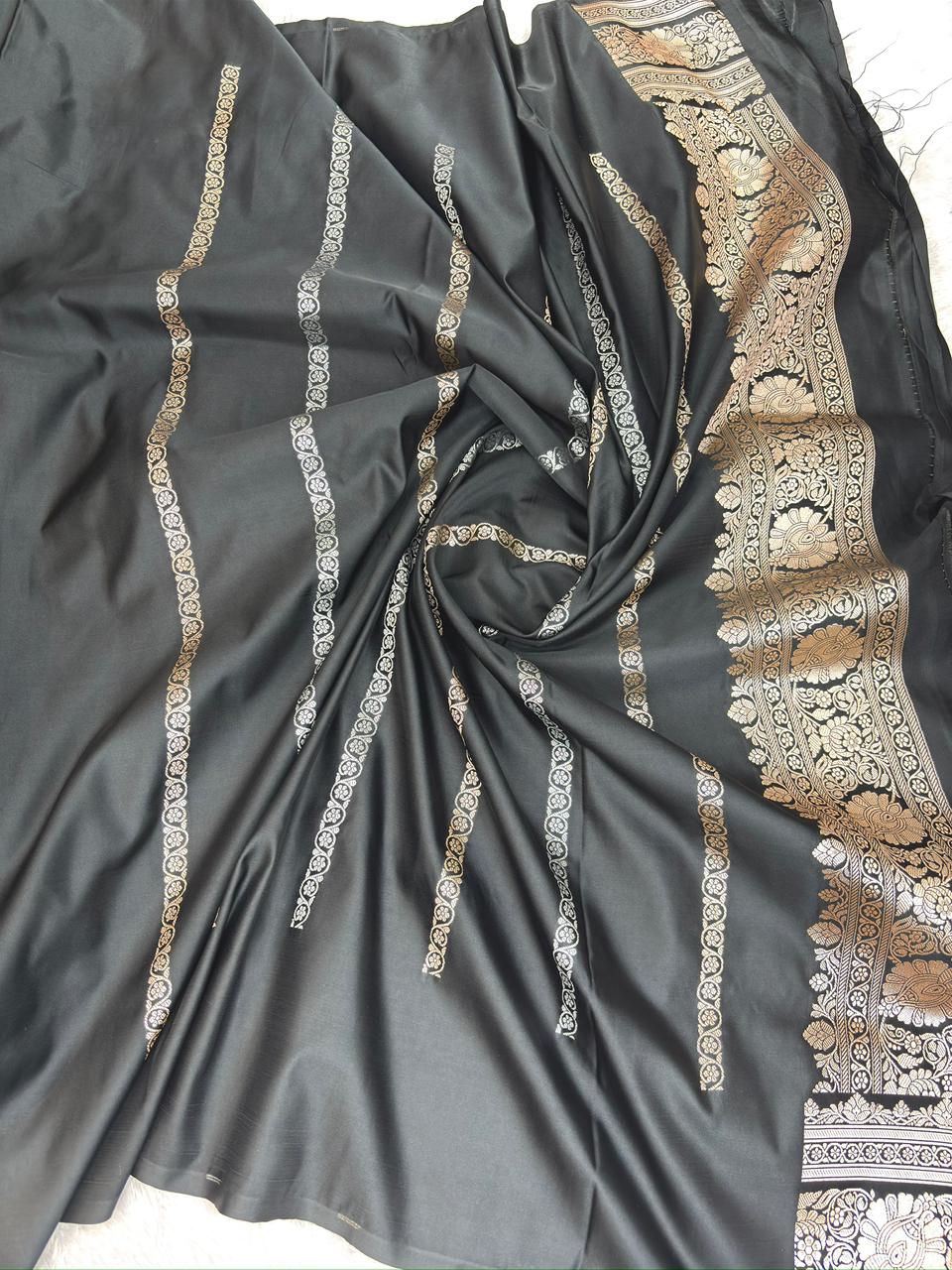 Noor Black Mashru Katan Silk Powerloom Saree with Antique Zari Pallu