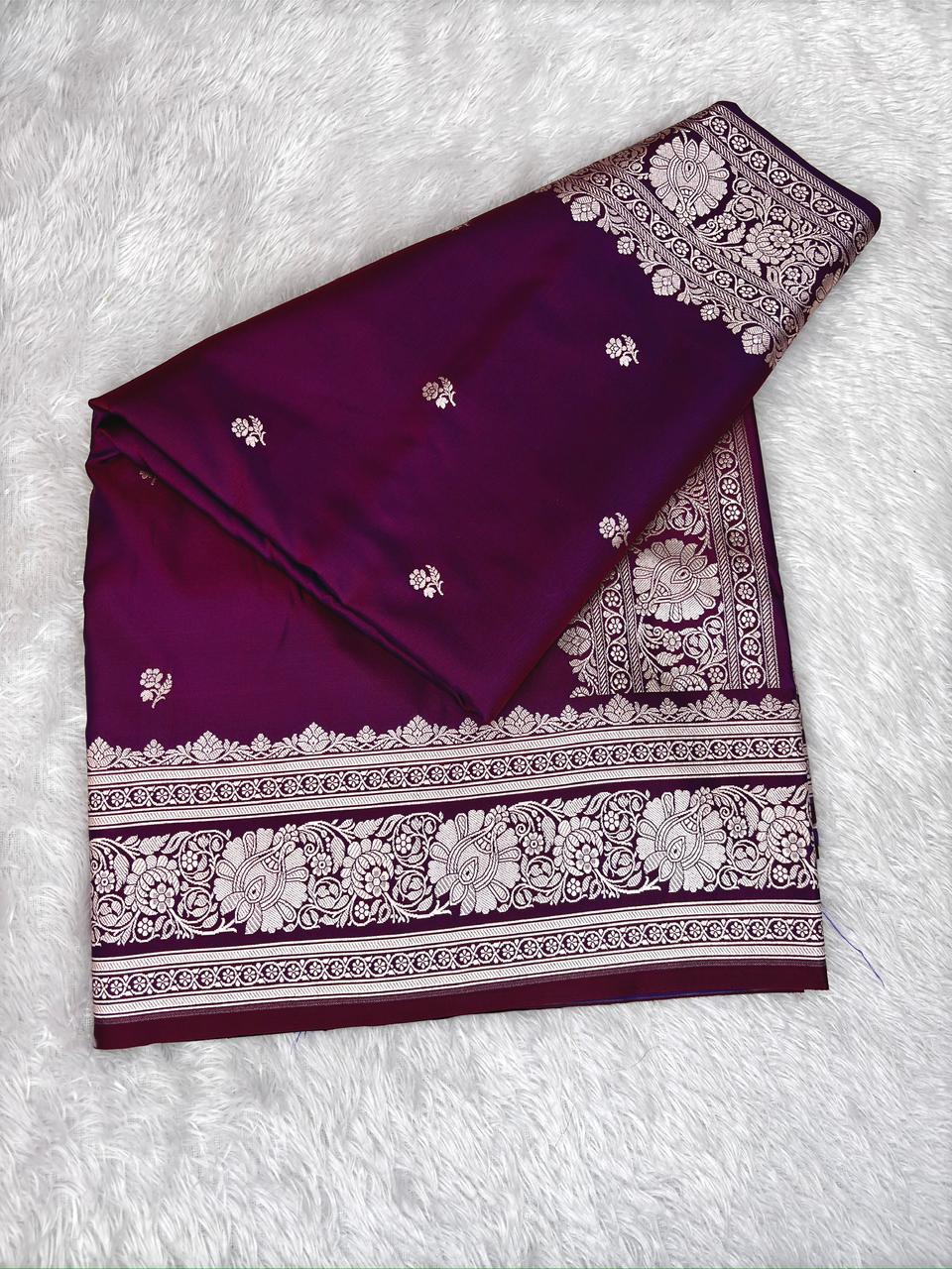 Royal Wine Mashru Katan Silk Powerloom Saree with Antique Zari Border & Pallu