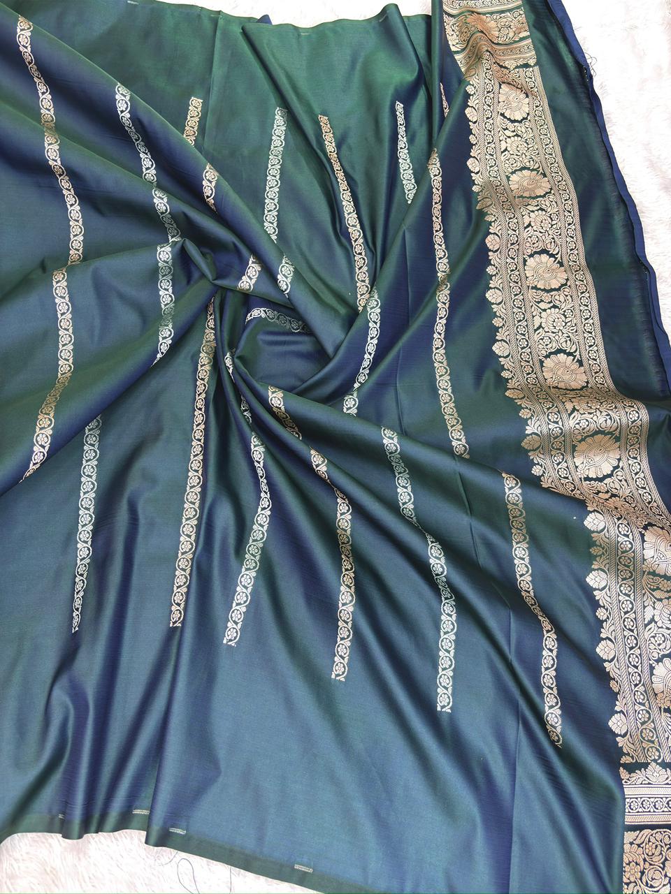 Royal Teal Mashru Katan Silk Powerloom Saree with Antique Zari Border & Pallu