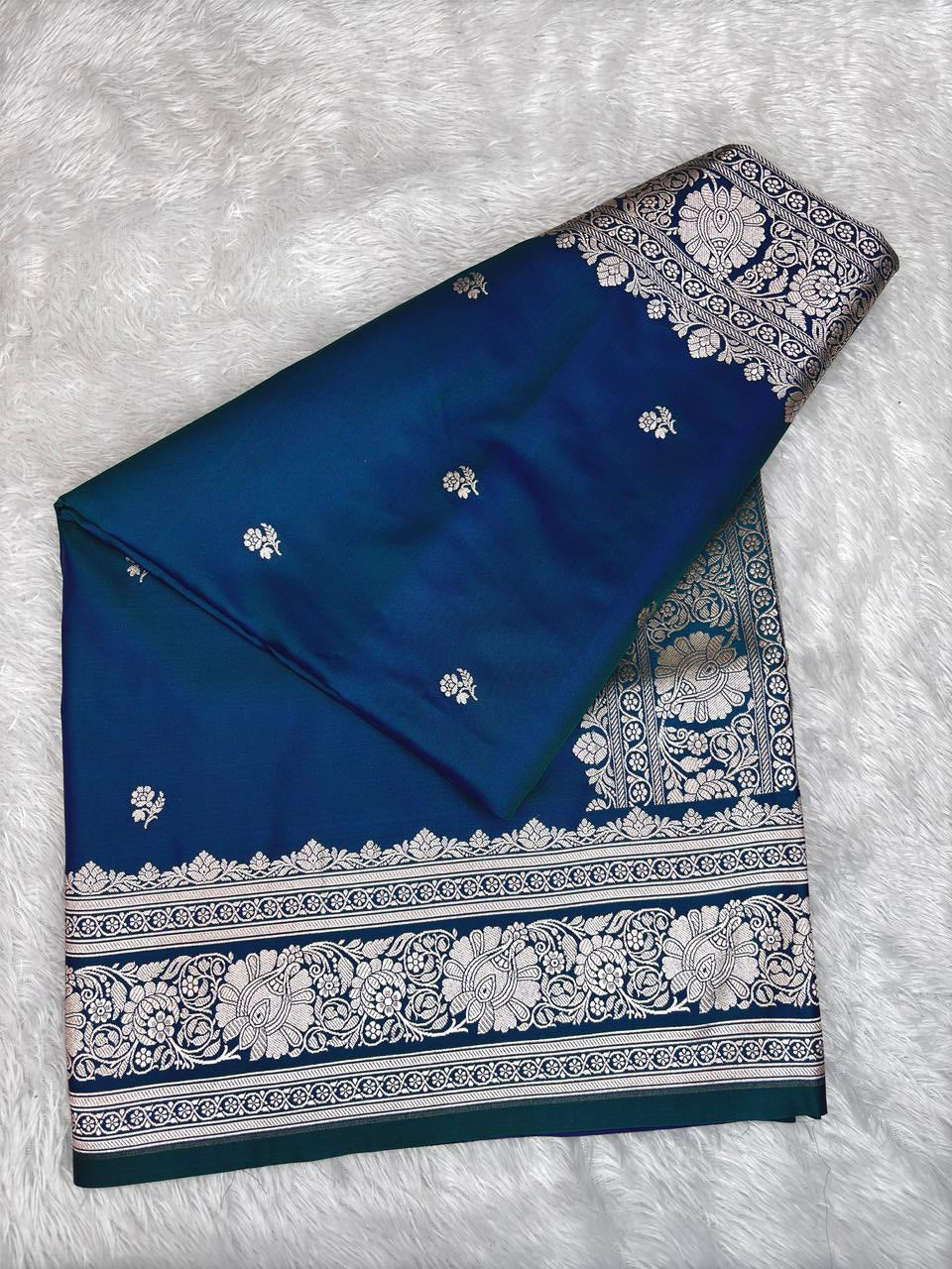 Neel Teal Mashru Katan Silk Powerloom Saree with Antique Zari Border & Pallu