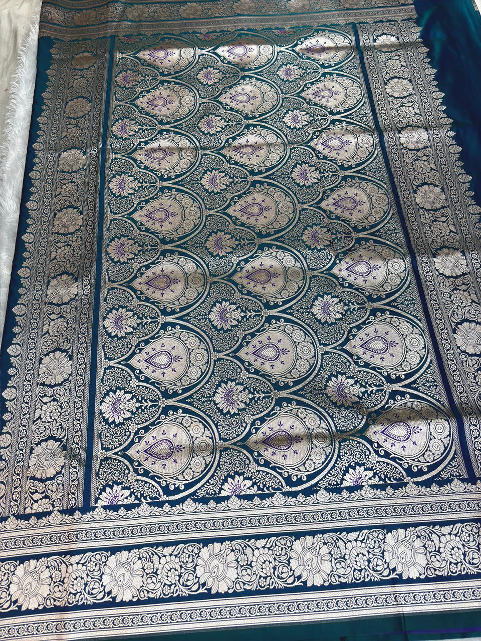 Neel Teal Mashru Katan Silk Powerloom Saree with Antique Zari Border & Pallu