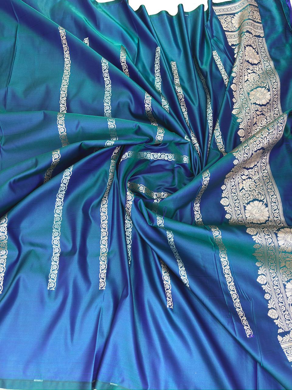 Neel Teal Mashru Katan Silk Powerloom Saree with Antique Zari Border & Pallu