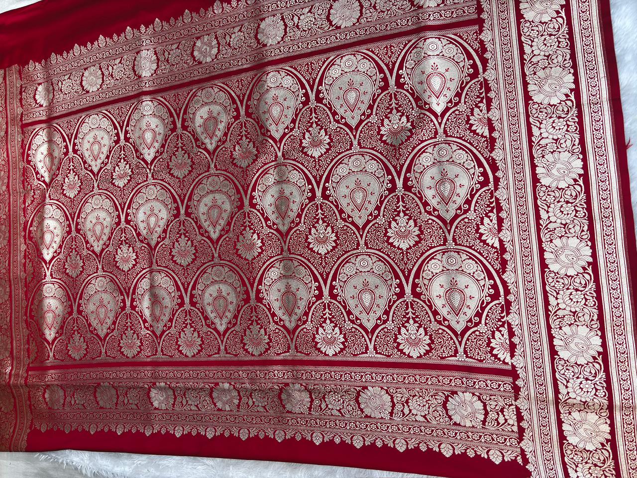 Sindoor Red Mashru Katan Silk Powerloom Saree with Antique Zari Border & Pallu