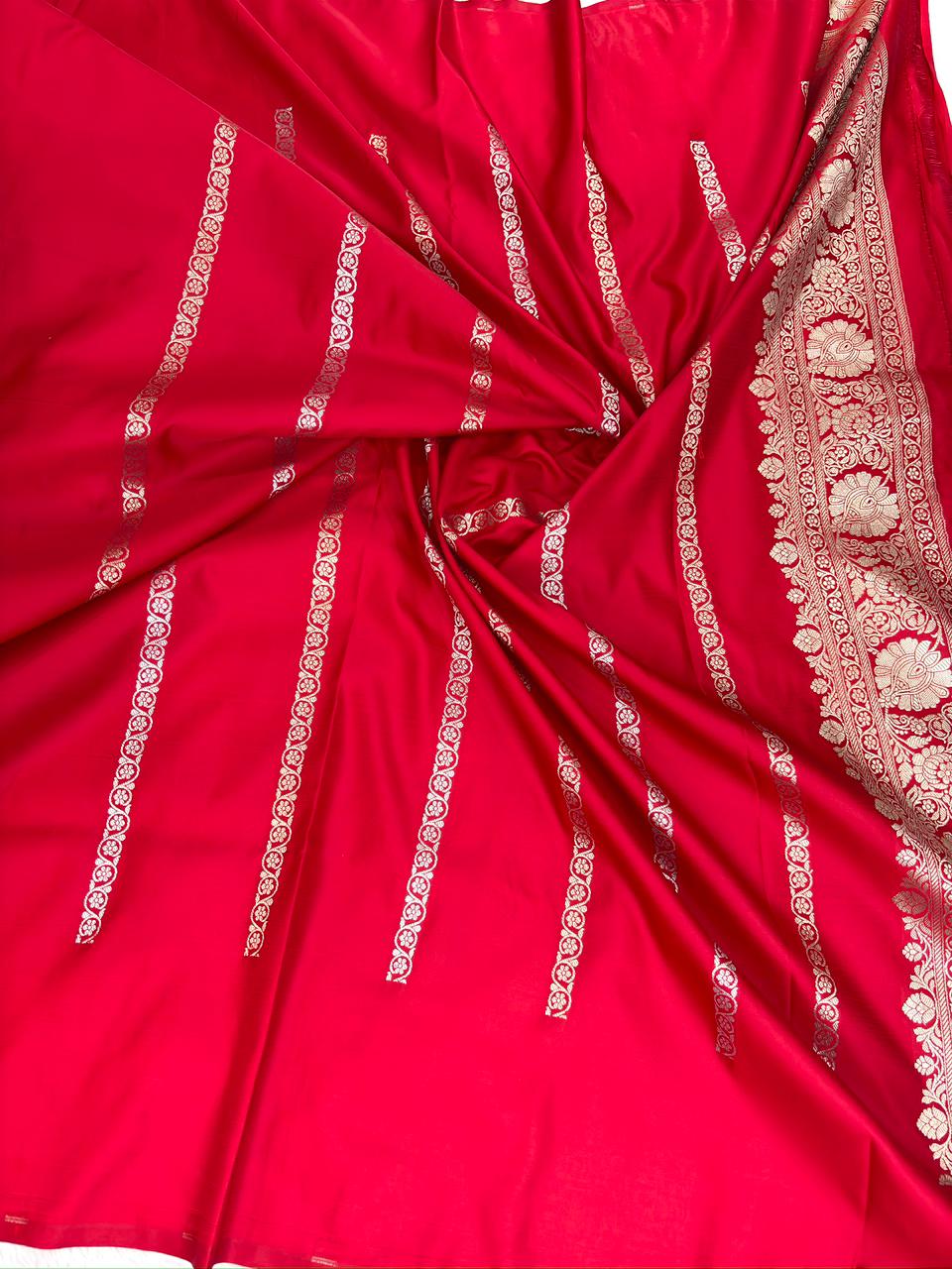 Sindoor Red Mashru Katan Silk Powerloom Saree with Antique Zari Border & Pallu