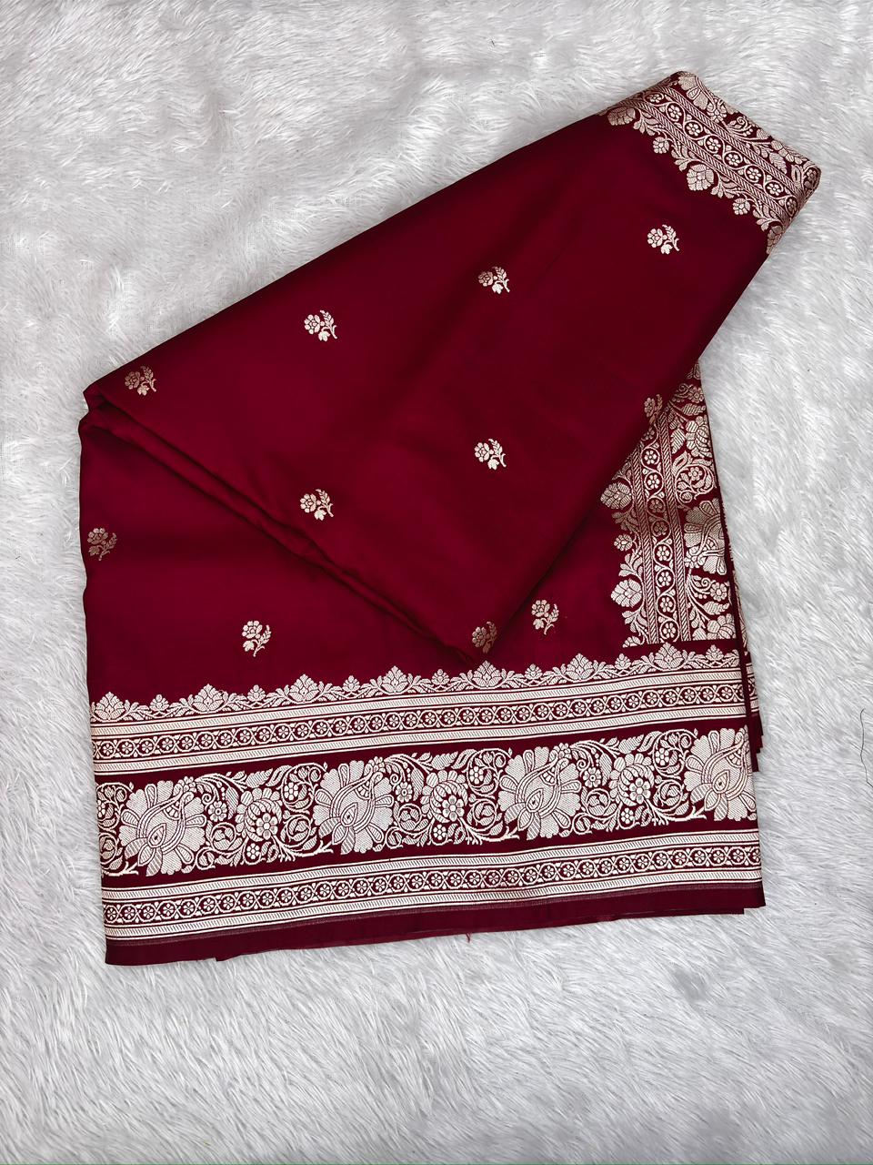Gulnar Maroon Mashru Katan Silk Powerloom Saree with Antique Zari Border & Pallu