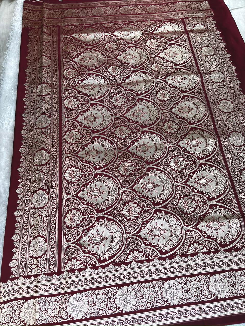 Gulnar Maroon Mashru Katan Silk Powerloom Saree with Antique Zari Border & Pallu