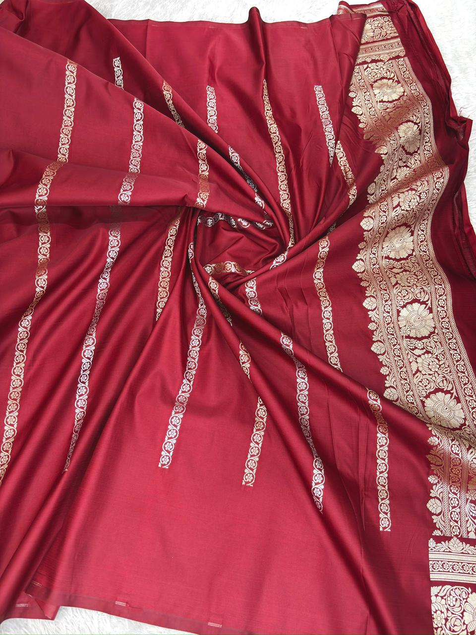 Gulnar Maroon Mashru Katan Silk Powerloom Saree with Antique Zari Border & Pallu