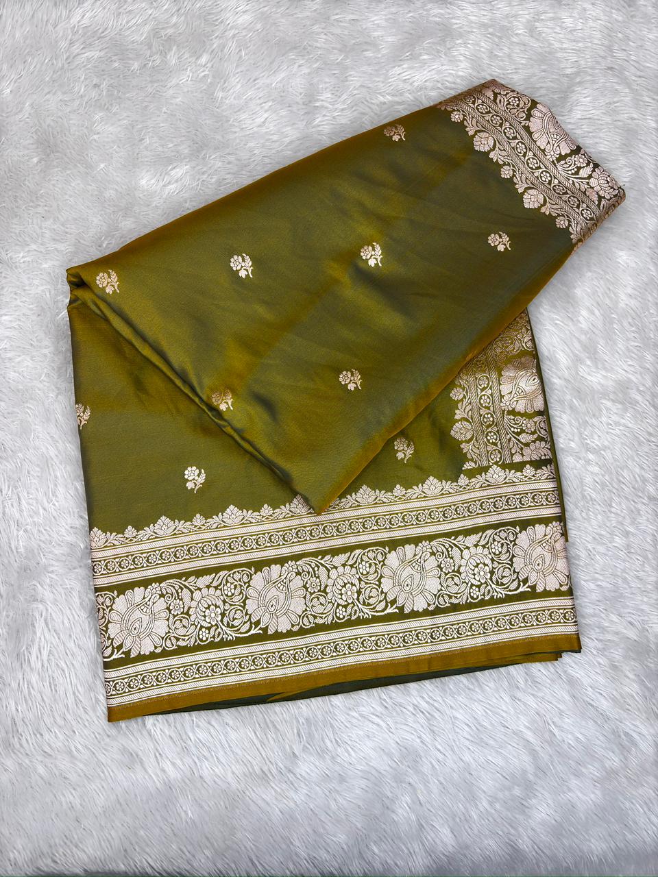 Harit Olive Mashru Katan Silk Powerloom Saree with Antique Zari Border & Pallu