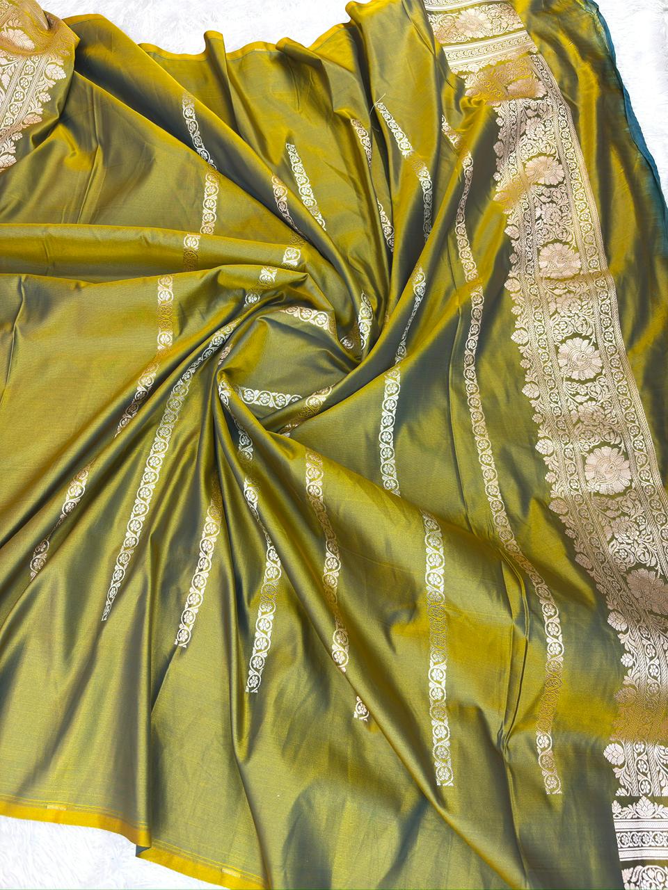 Harit Olive Mashru Katan Silk Powerloom Saree with Antique Zari Border & Pallu