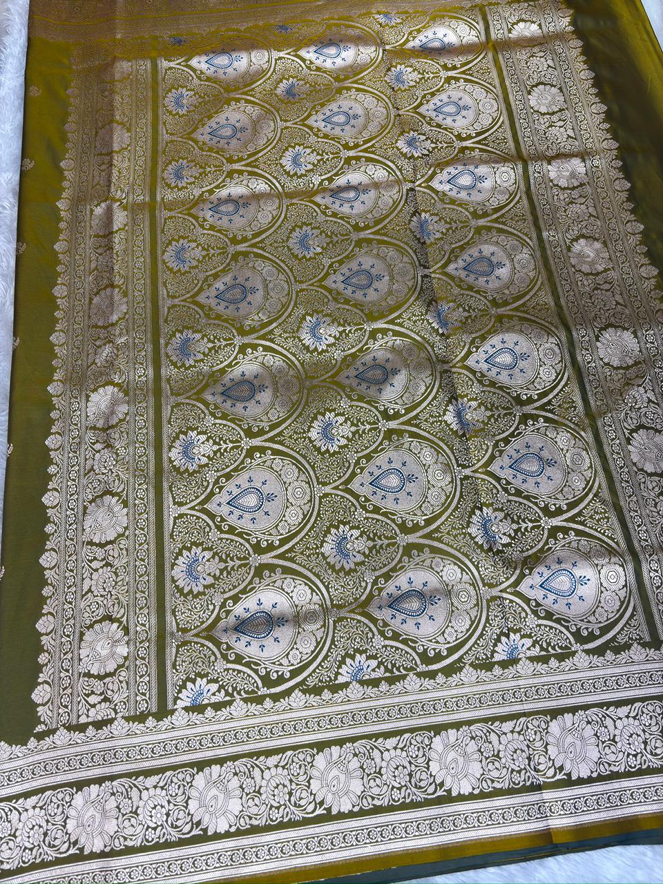 Harit Olive Mashru Katan Silk Powerloom Saree with Antique Zari Border & Pallu