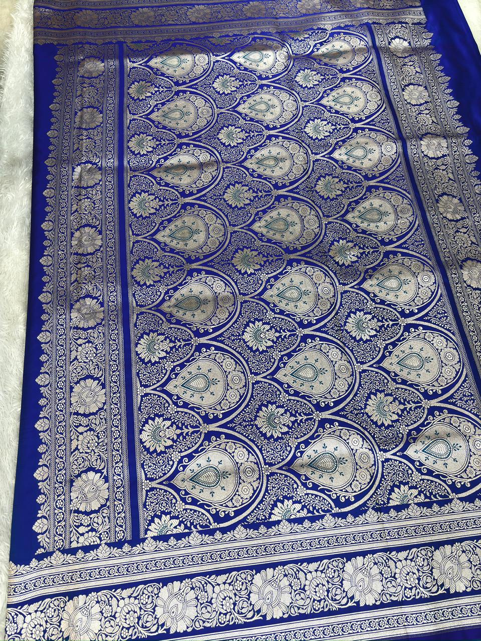 Royal Blue Mashru Katan Silk Powerloom Saree with Silver Zari Buta & Ornate Pallu