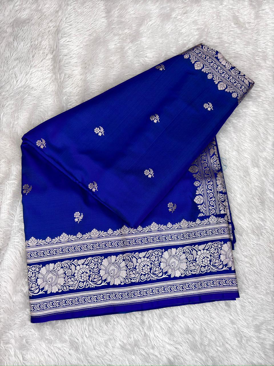 Royal Blue Mashru Katan Silk Powerloom Saree with Silver Zari Buta & Ornate Pallu