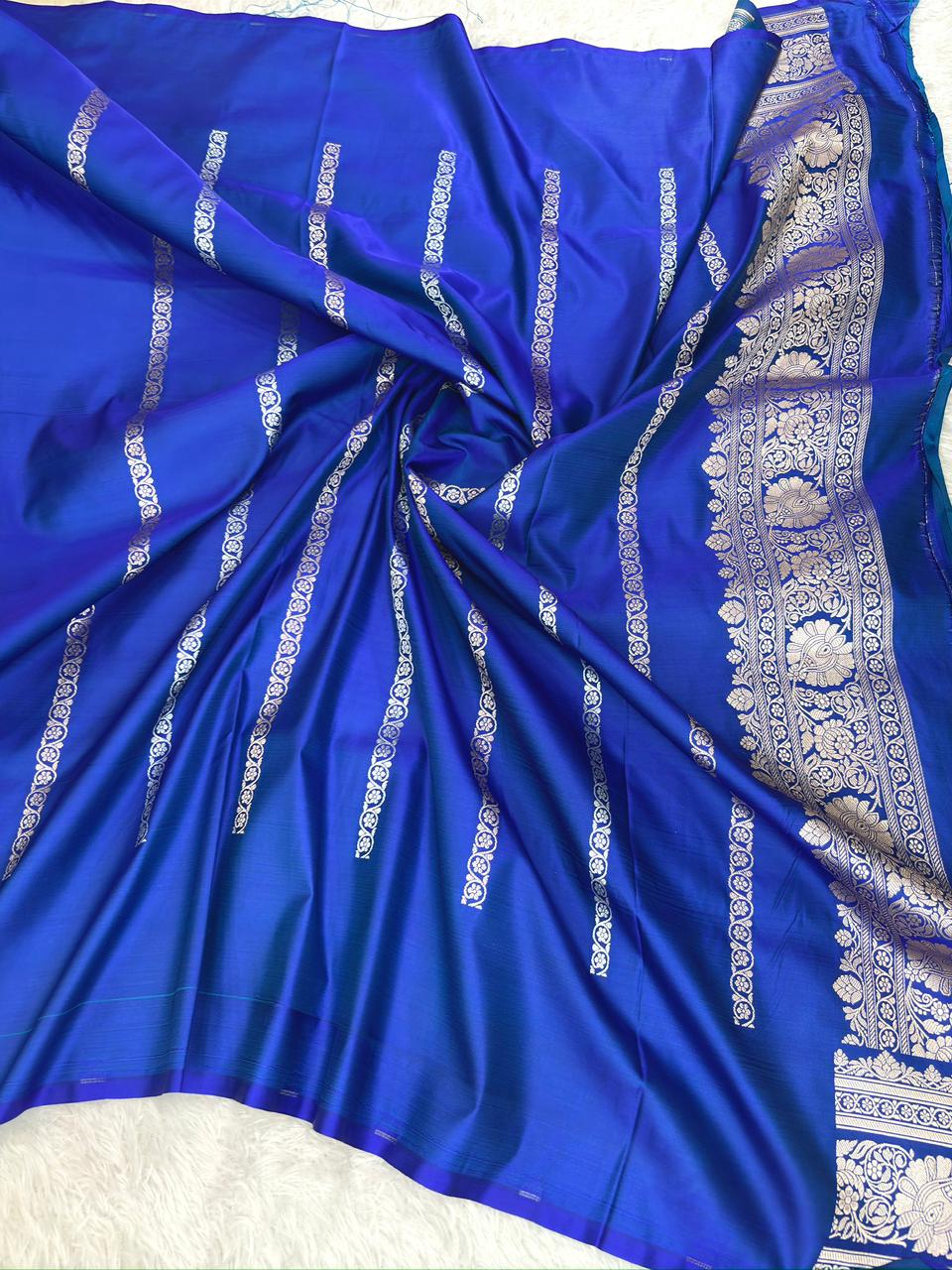 Royal Blue Mashru Katan Silk Powerloom Saree with Silver Zari Buta & Ornate Pallu