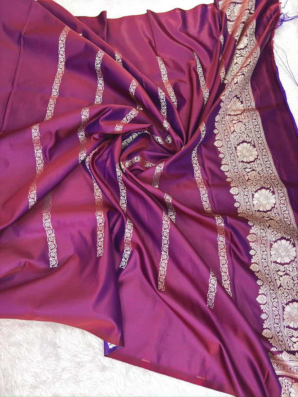 Regal Wine Mashru Katan Silk Powerloom Saree with Silver Zari Border