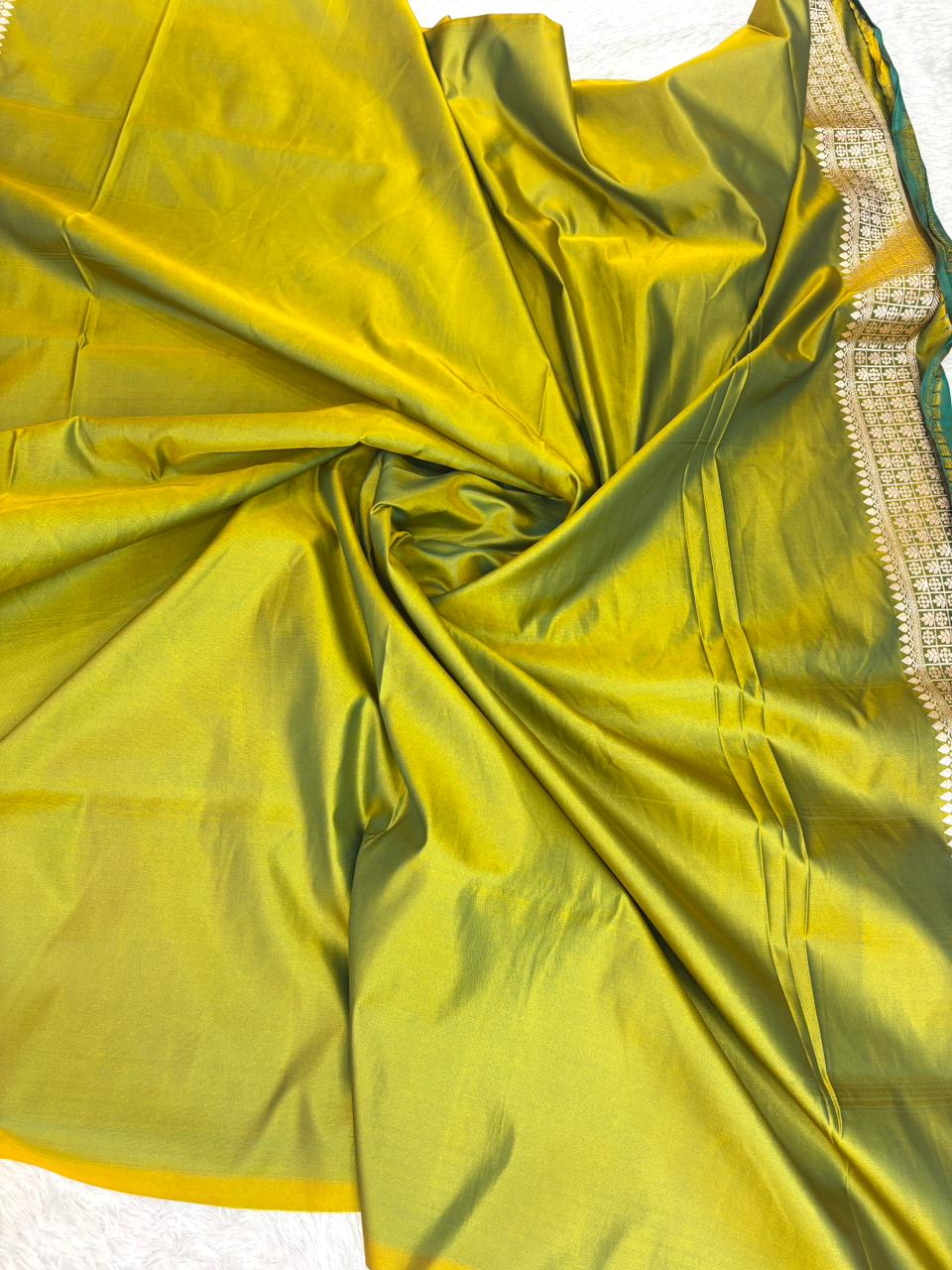 Olive Green Mashru Katan Silk Powerloom Saree with Antique Zari Buta & Rich Pallu