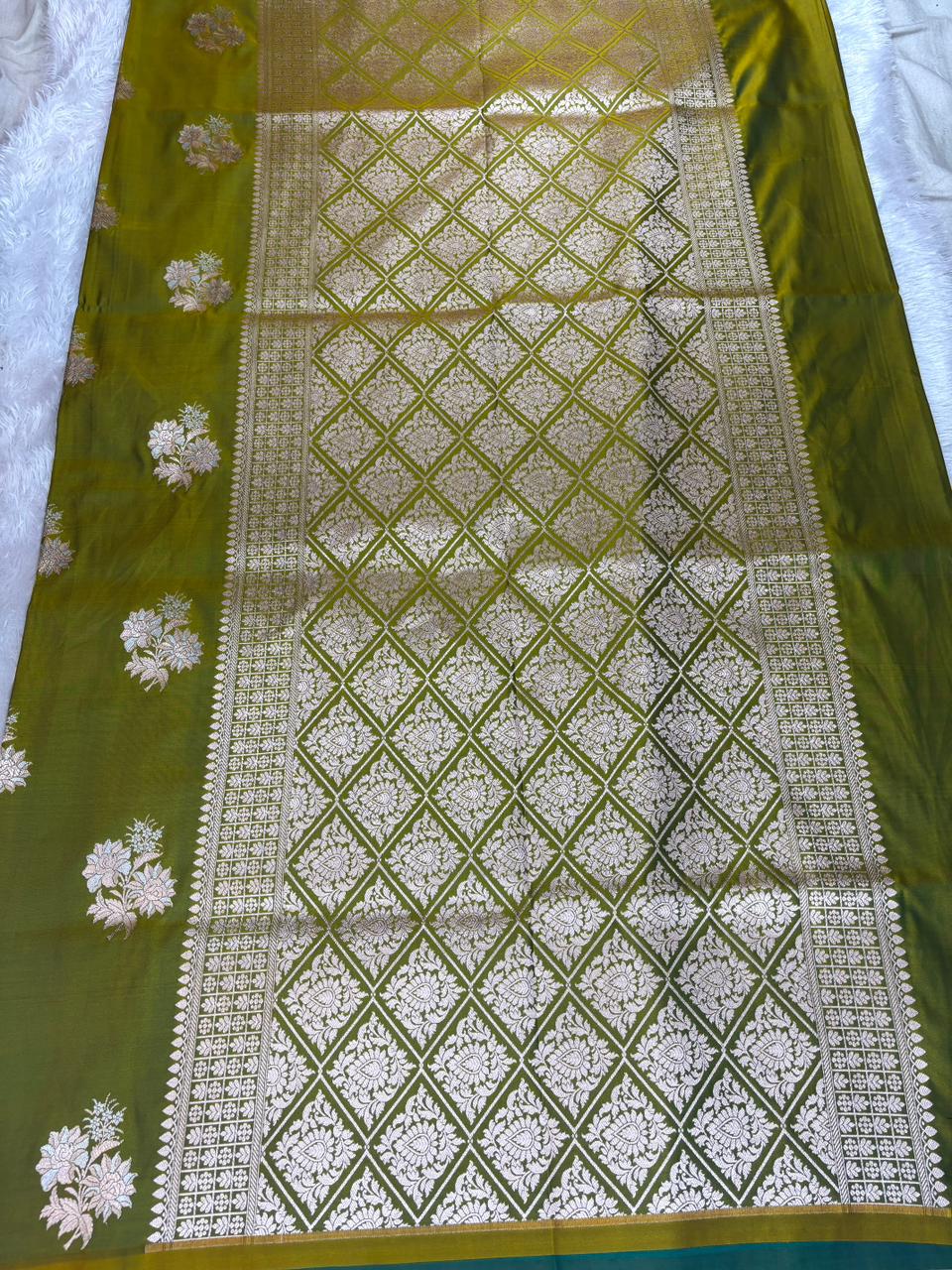 Olive Green Mashru Katan Silk Powerloom Saree with Antique Zari Buta & Rich Pallu