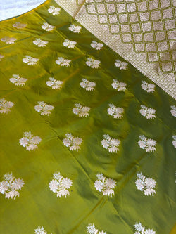 Olive Green Mashru Katan Silk Powerloom Saree with Antique Zari Buta