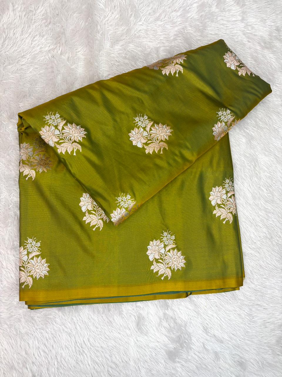 Olive Green Mashru Katan Silk Powerloom Saree with Antique Zari Buta & Rich Pallu