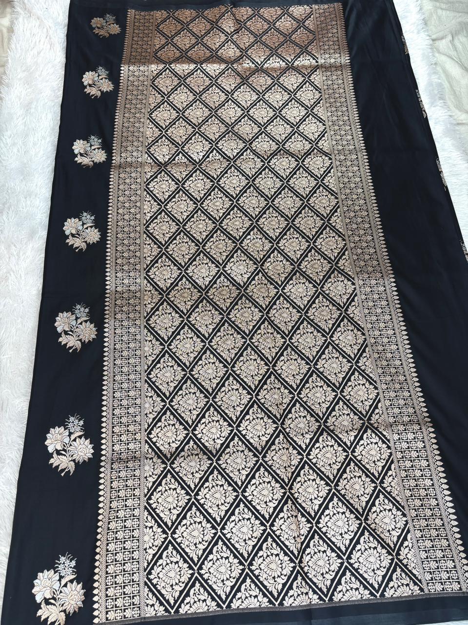 Royal Blue Mashru Katan Silk Powerloom Saree with Silver Zari Buta & Ornate Pallu