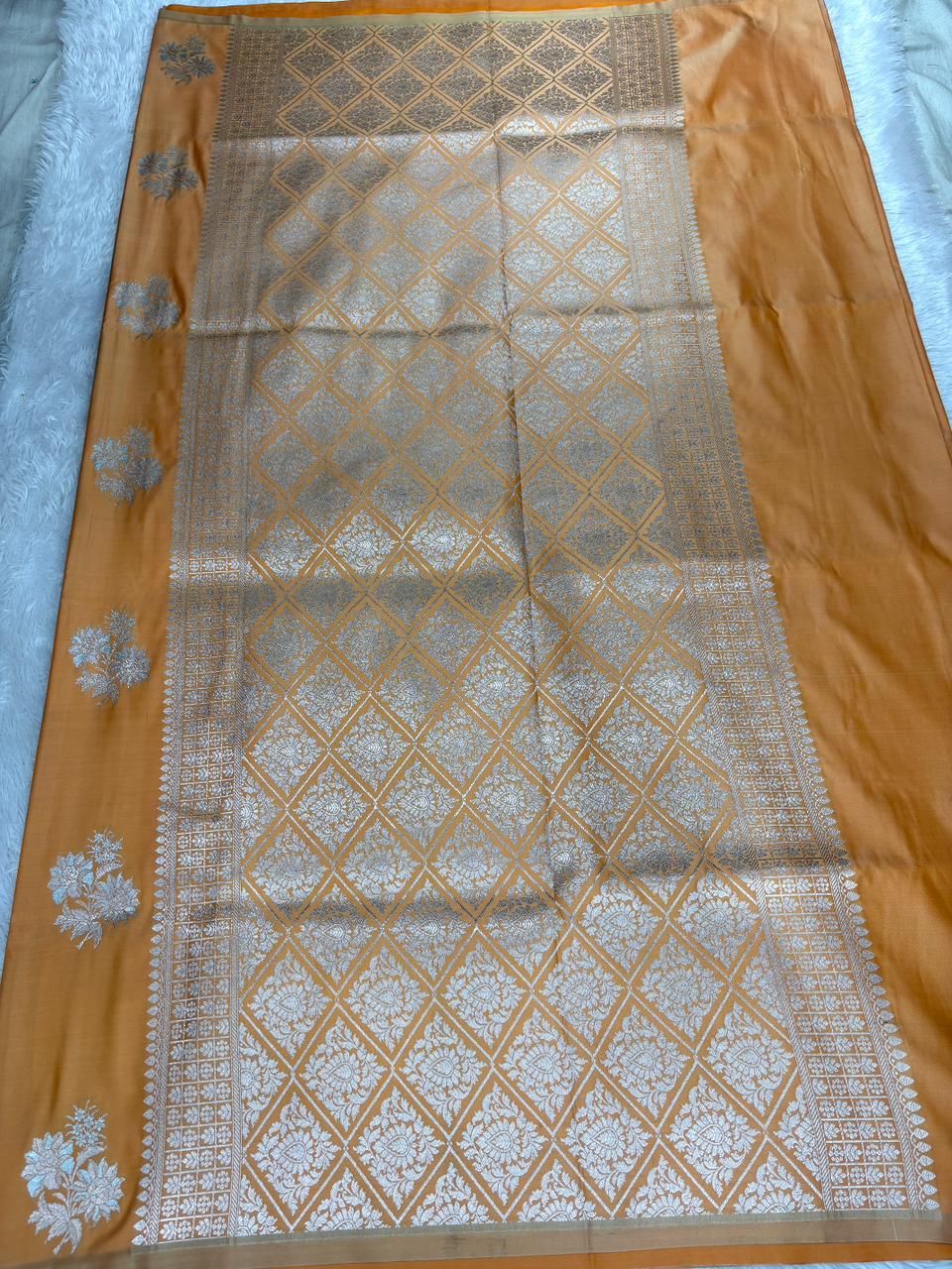 Golden Mustard Mashru Katan Silk Powerloom Saree with Antique Zari Buta & Traditional Jaal Pallu