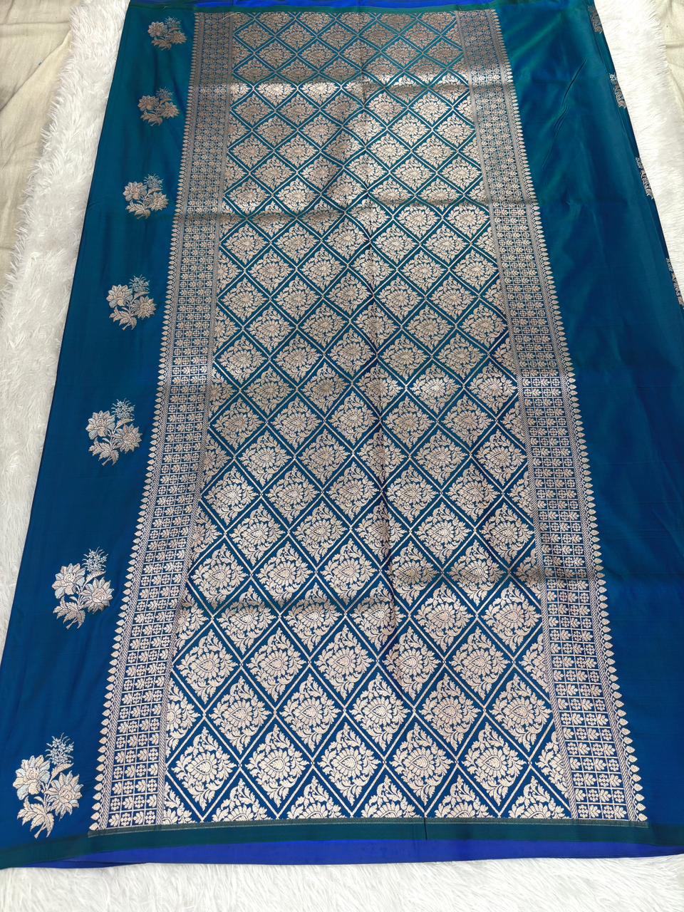 Teal Blue Mashru Katan Silk Powerloom Saree with Antique Zari Buta & Traditional Jaal Pallu