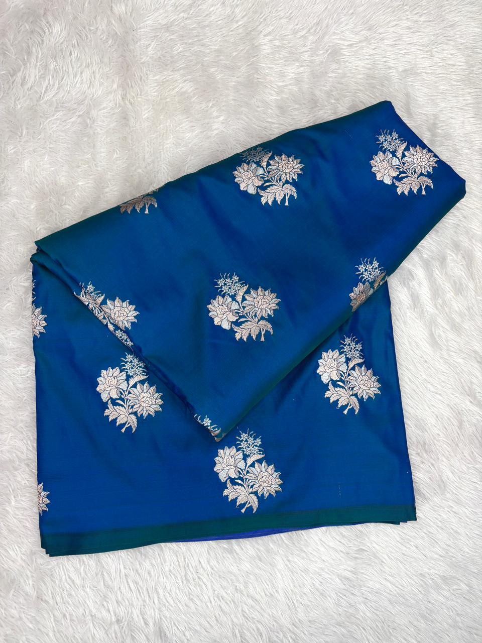 Teal Blue Mashru Katan Silk Powerloom Saree with Antique Zari Buta & Traditional Jaal Pallu
