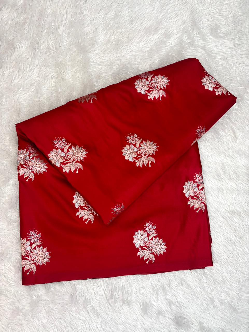 Classic Crimson Mashru Katan Silk Powerloom Saree with Silver Zari Buti & Traditional Pallu