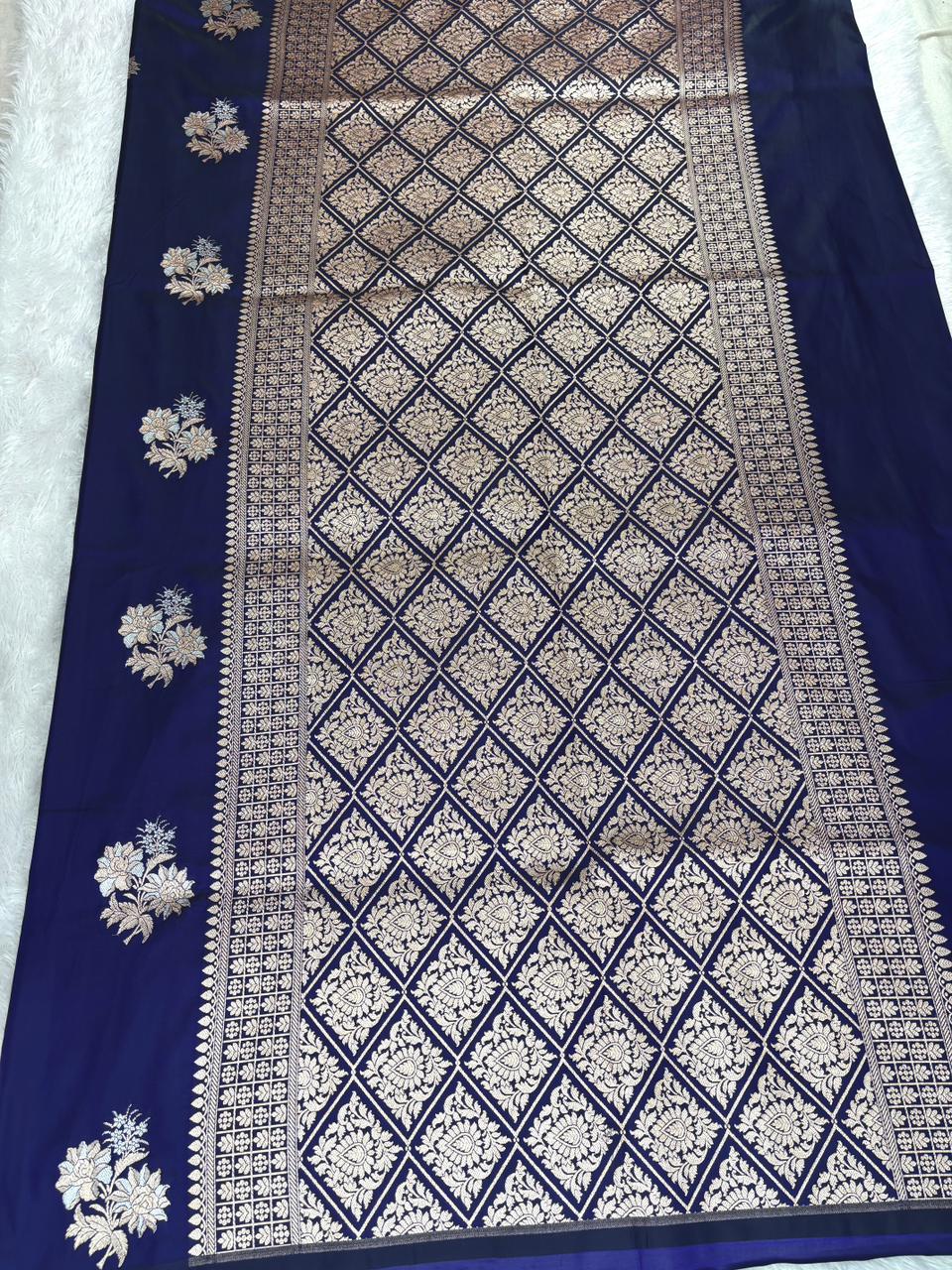 Royal Blue Mashru Katan Silk Powerloom Saree with Antique Zari Buti & Traditional Jaal Pallu