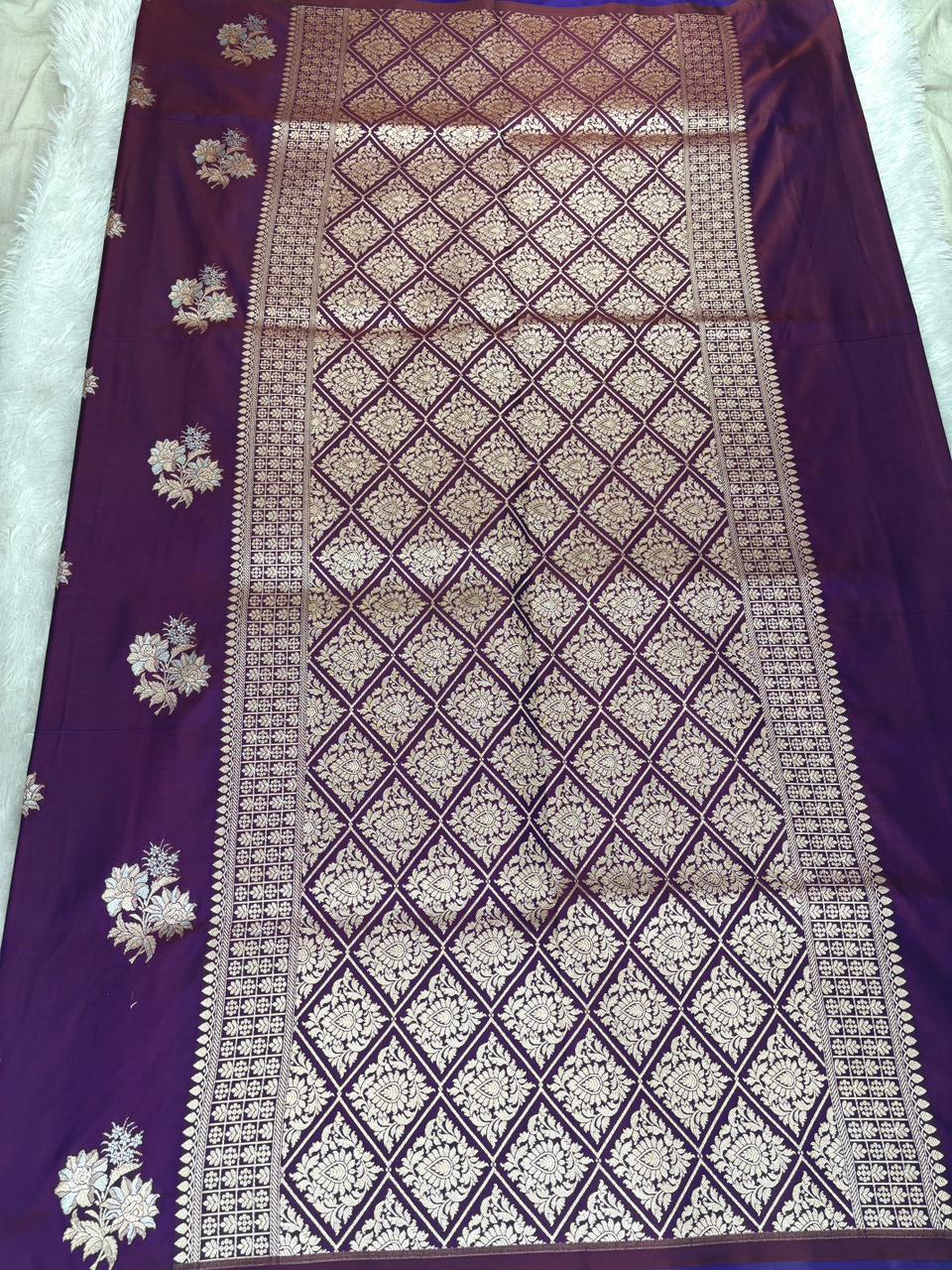 Royal Purple Mashru Katan Silk Saree – Floral Zari Weave