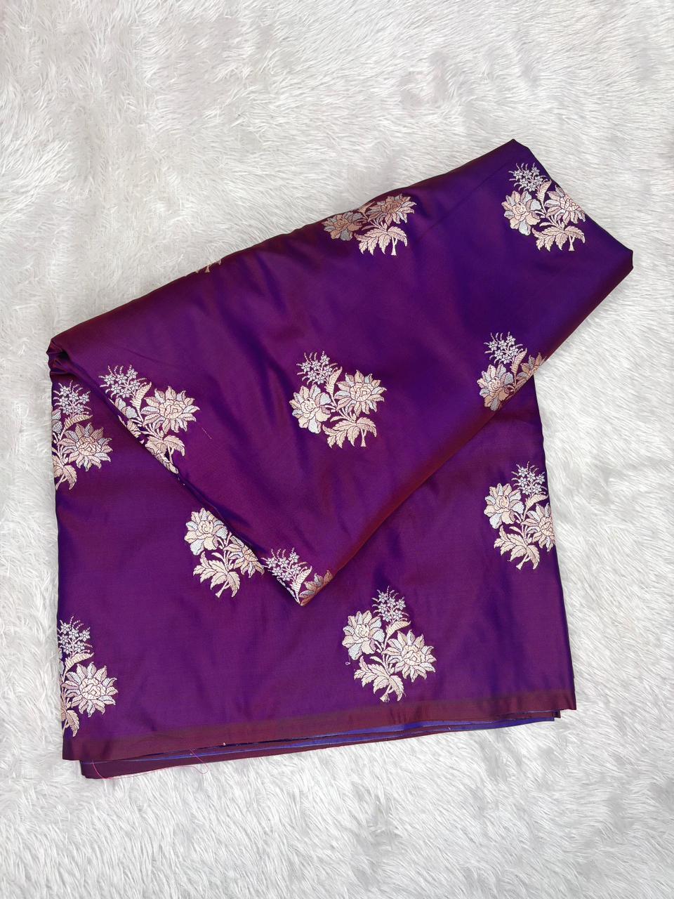Royal Purple Mashru Katan Silk Saree – Floral Zari Weave