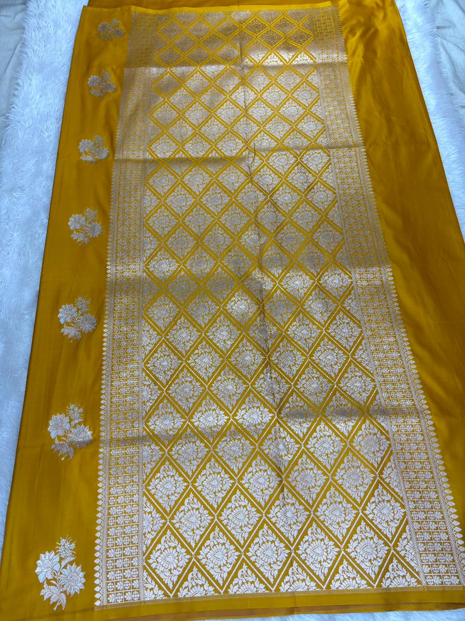 Vibrant Mustard Yellow Mashru Katan Silk Powerloom Saree with Silver Zari
