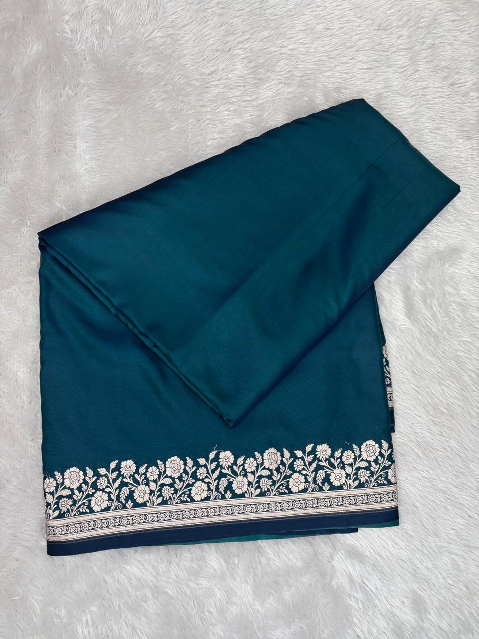 Regal Peacock Teal Mashru Katan Silk Powerloom Saree with Antique Zari Floral Border & Paisley Pallu