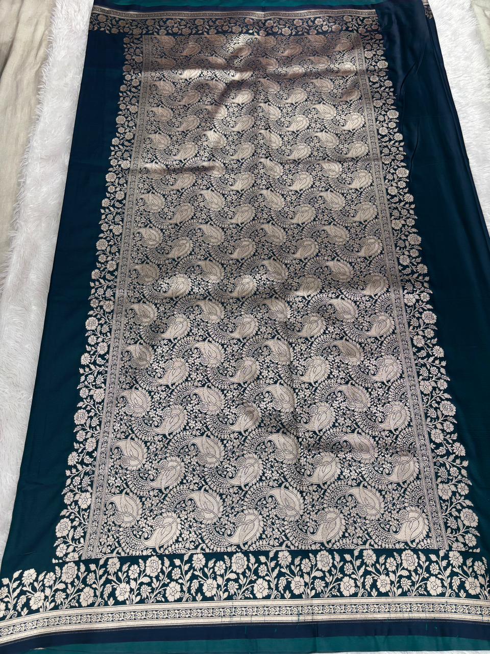 Regal Peacock Teal Mashru Katan Silk Powerloom Saree with Antique Zari Floral Border & Paisley Pallu