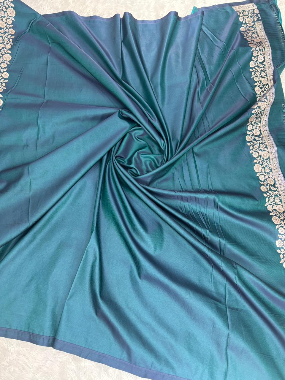 Regal Peacock Teal Mashru Katan Silk Powerloom Saree with Antique Zari Floral Border & Paisley Pallu