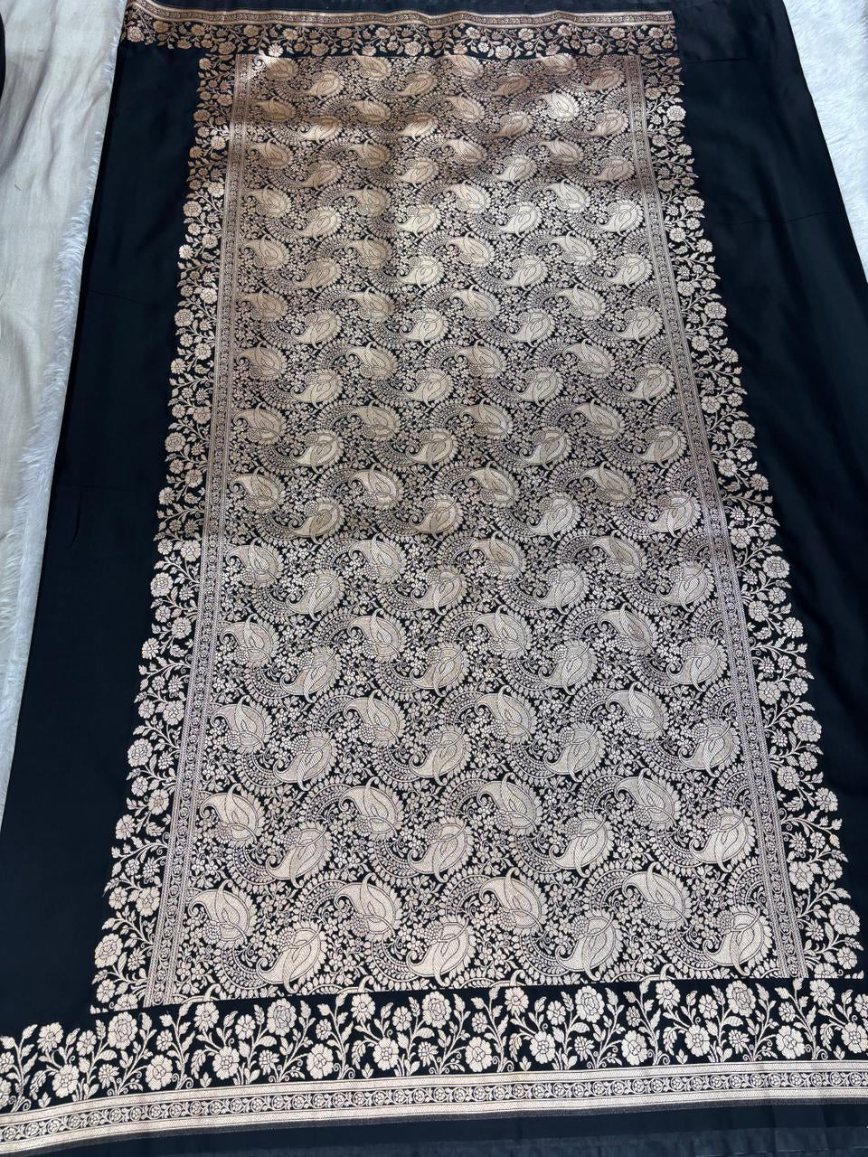 Classic Charcoal Black Mashru Katan Silk Powerloom Saree with Antique Zari Floral Border & Paisley Pallu