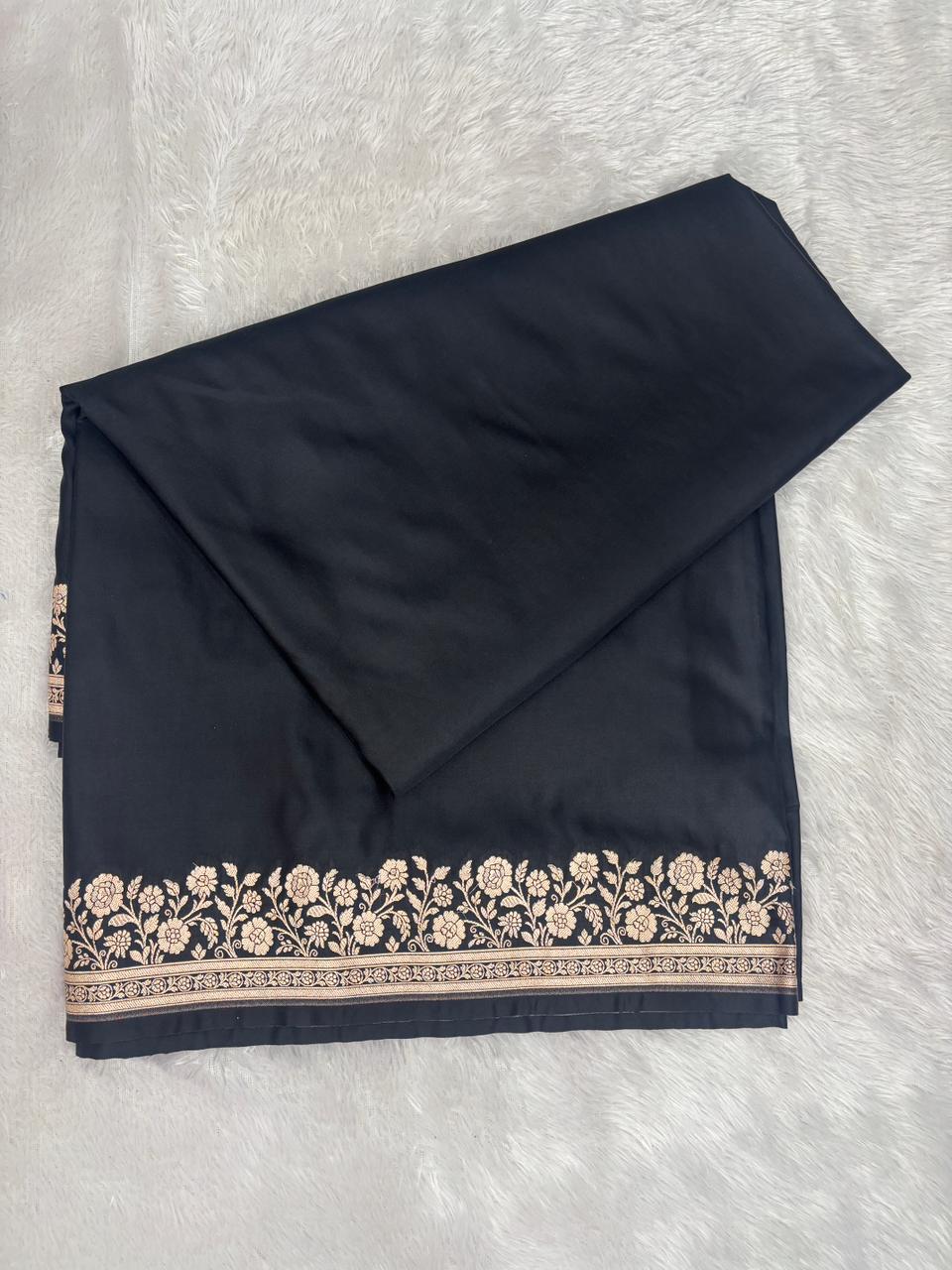Classic Charcoal Black Mashru Katan Silk Powerloom Saree with Antique Zari Floral Border & Paisley Pallu