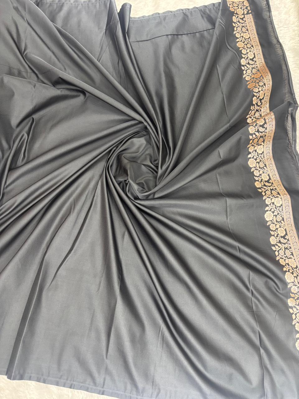 Classic Charcoal Black Mashru Katan Silk Powerloom Saree with Antique Zari Floral Border & Paisley Pallu